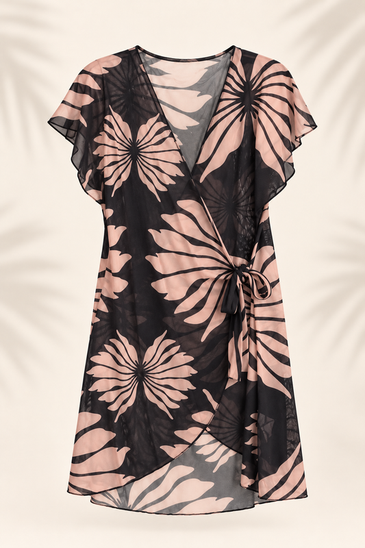 Vestido de playa cruzado negro con estampado floral