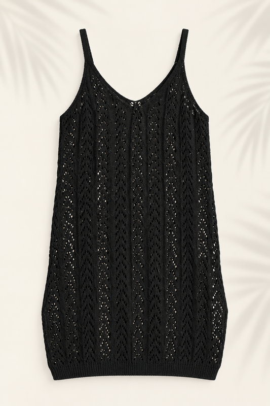 Vestido corto de playa tejido calado negro