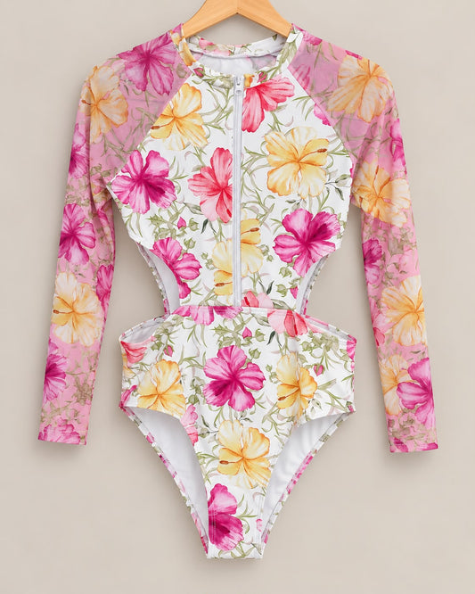 Traje de Baño Floral Manga Larga con Cierre | Tallas S, M y L