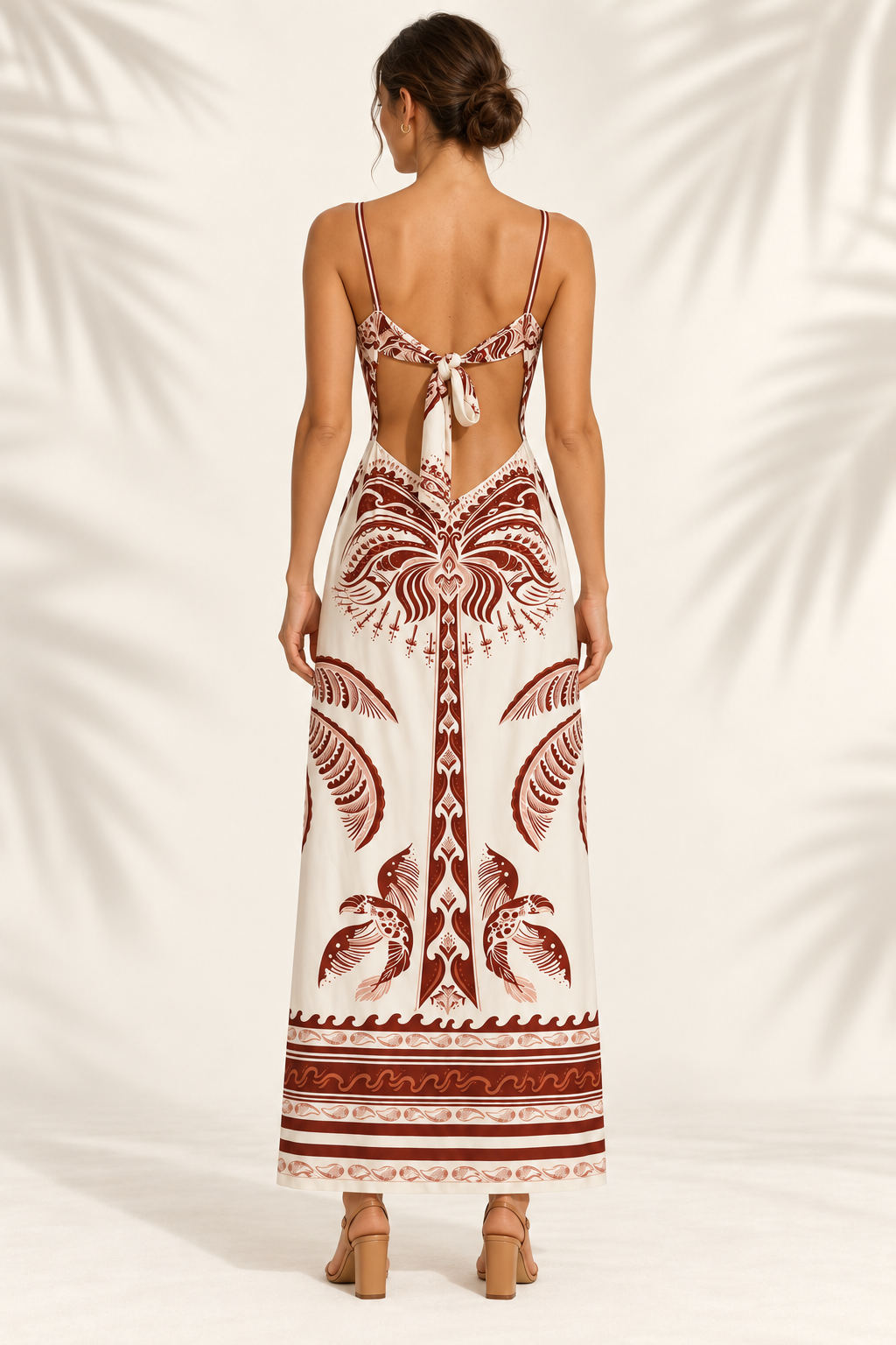 Vestido largo estampado con espalda abierta y lazo