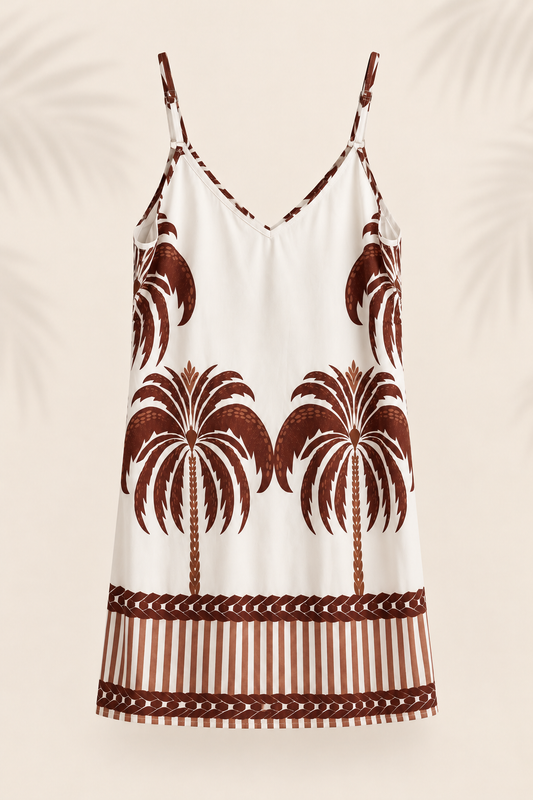 Vestido de playa con estampado de palmeras café