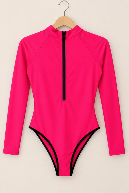 Traje de Baño Fucsia Manga Larga con Cierre y Cinturón | Talla M