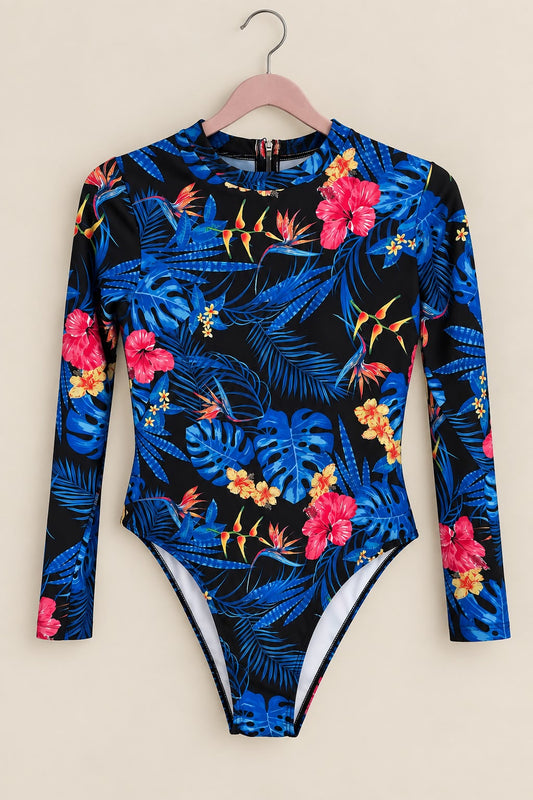 Traje de Baño Tropical Manga Larga Negro y Azul Talla XS/S | Última Unidad