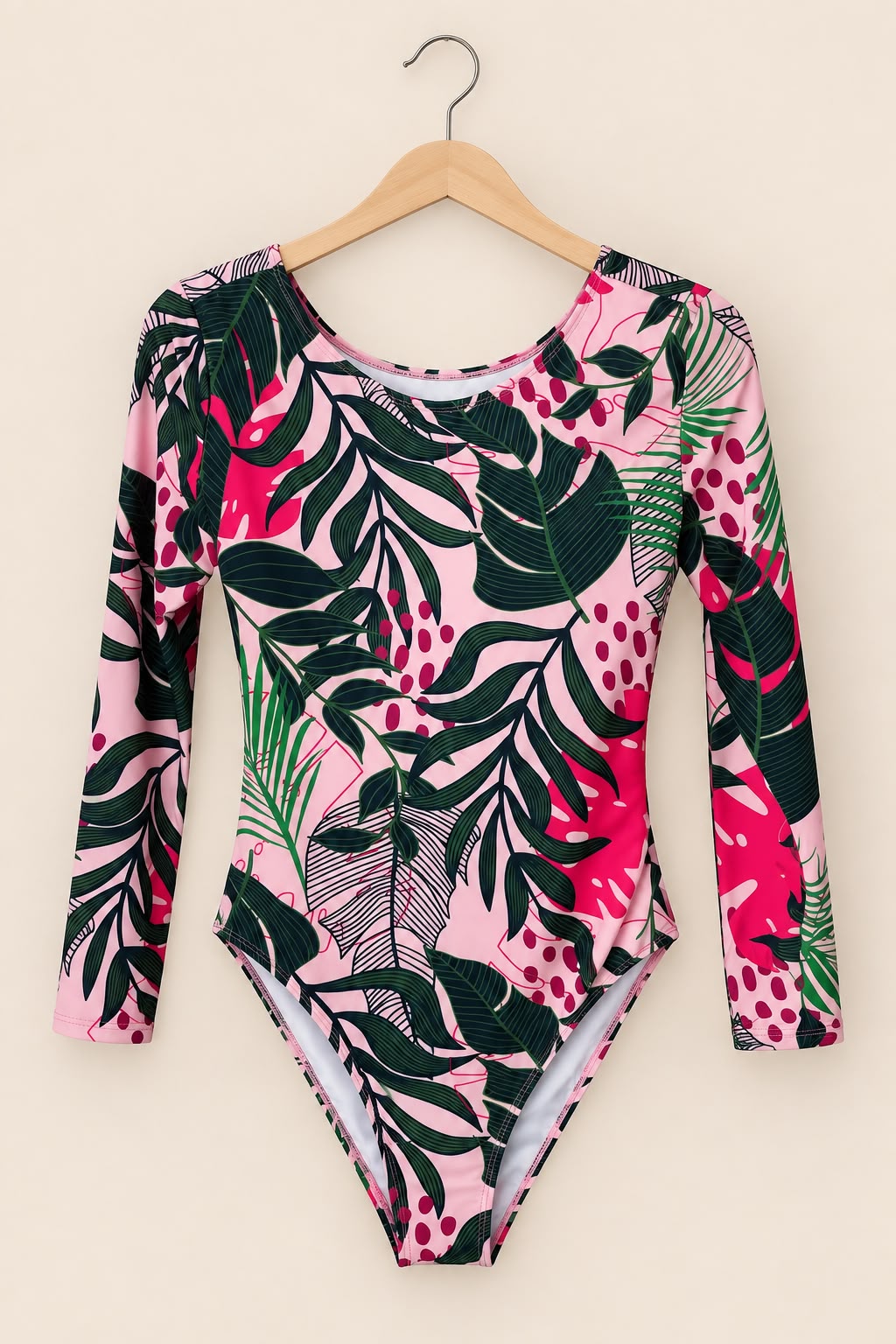 Traje de Baño Tropical Rosa y Verde Manga Larga | Tallas S y M