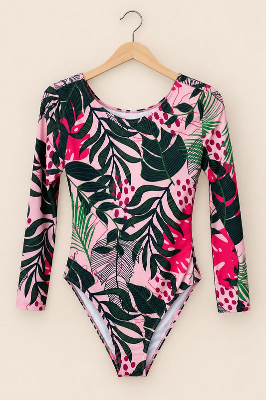 Traje de Baño Tropical Rosa y Verde Manga Larga | Tallas S y M