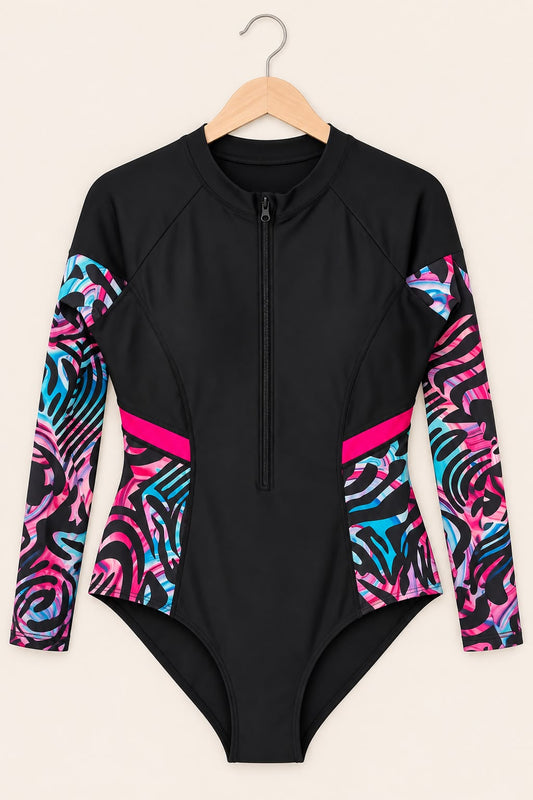 Traje de Baño Negro Manga Larga con Cierre | Talla XL